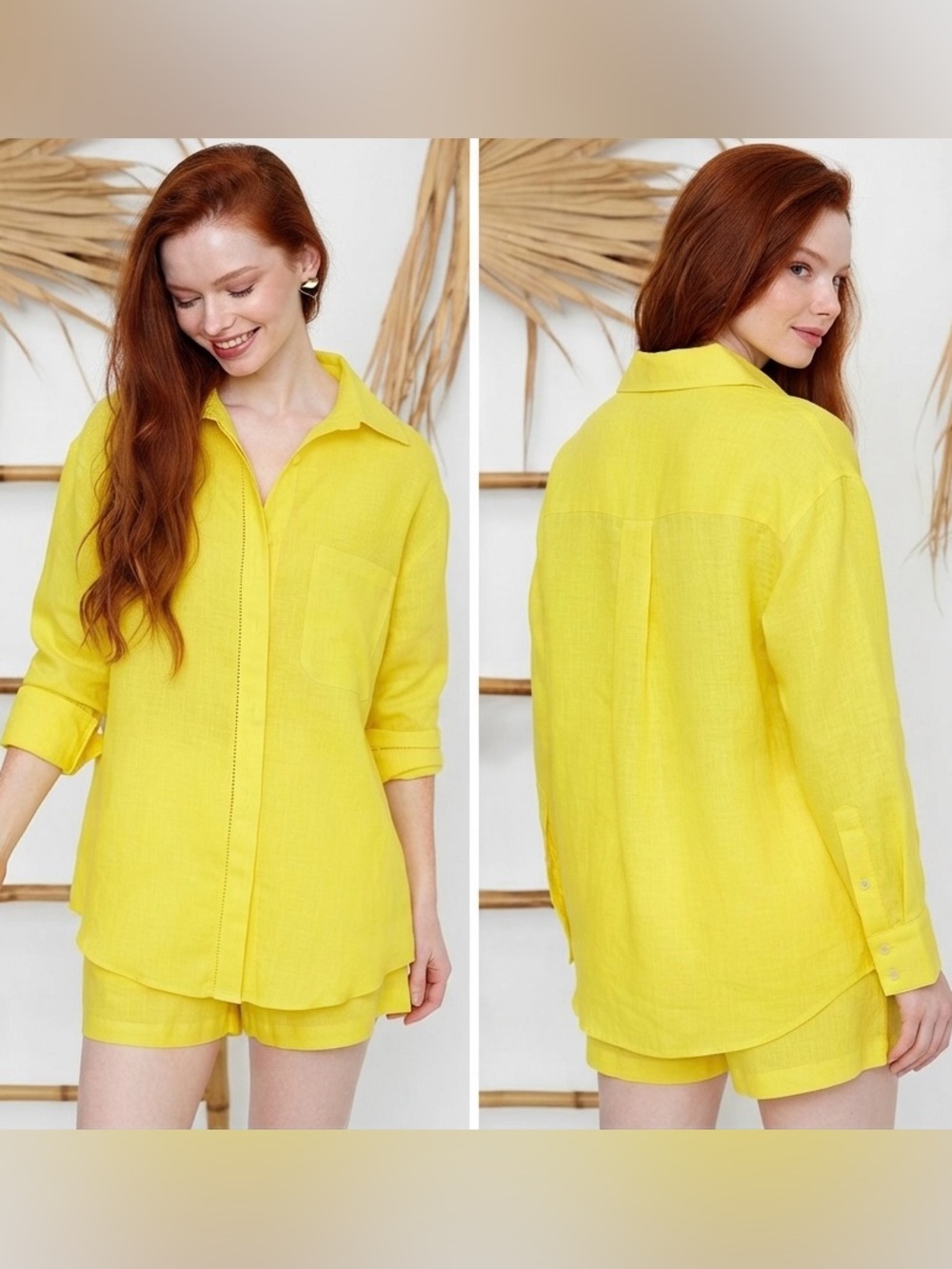 Westbound Yellow 100% Linen Long Sleeve Button Down Shirt Top Size L